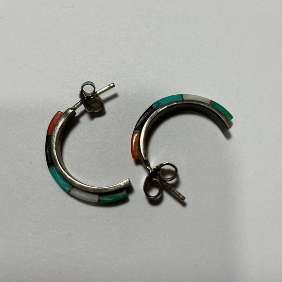 Native American Style Sterling Silver Half Hoop Earrings W/ Turquoise & Coral - Picture 7 of 7